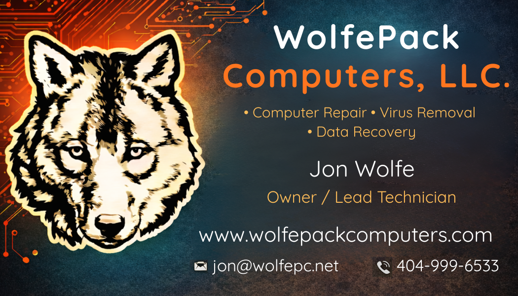 WolfePack Computers business card